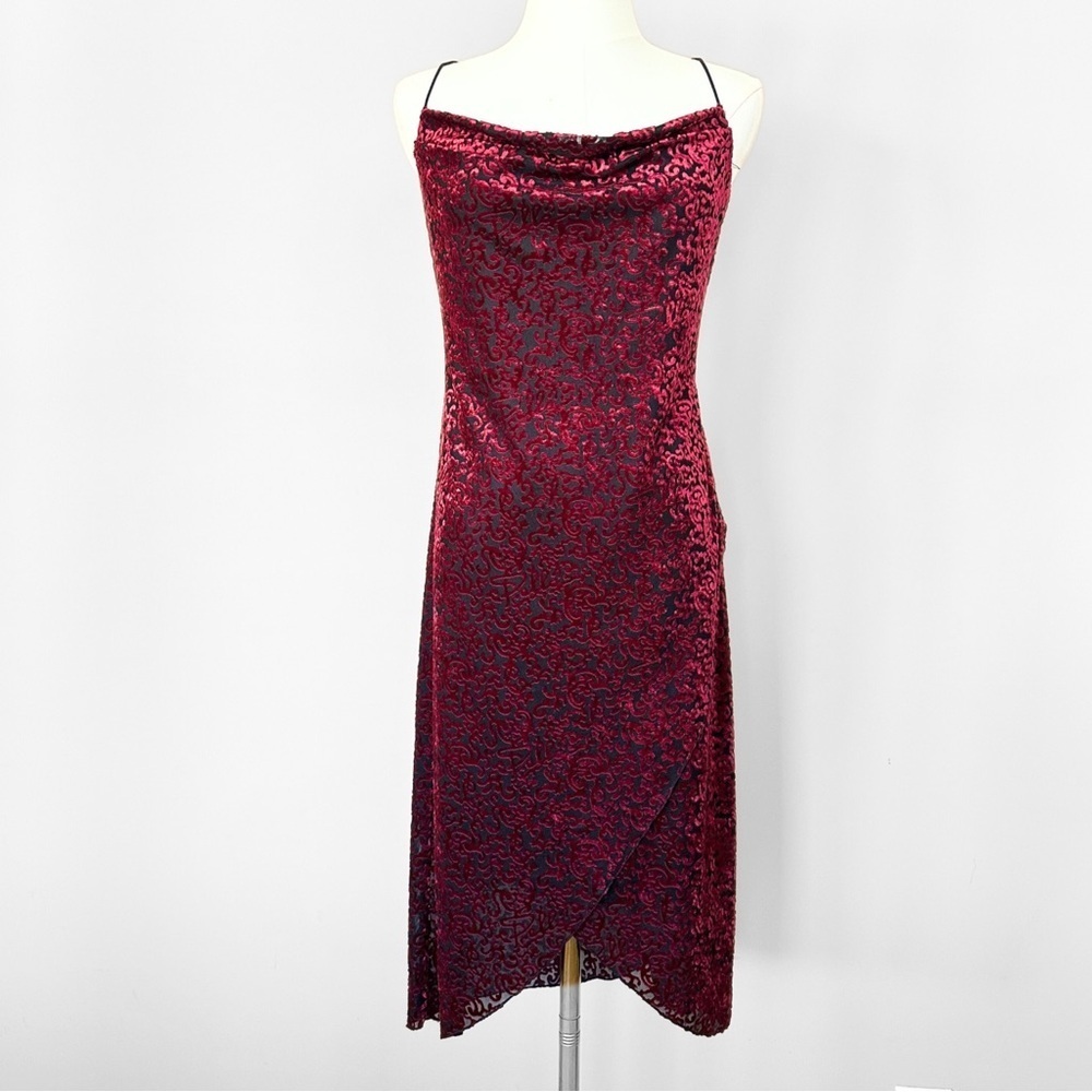 VTG 90s Y2k Velvet Burn Out Strappy Dress Women L Red Black Whimsigoth Bodycon